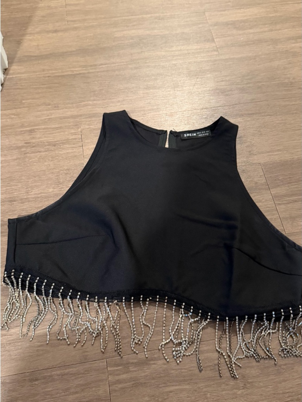 SHEIN Black Cropped Tank Top with Beaded Fringe